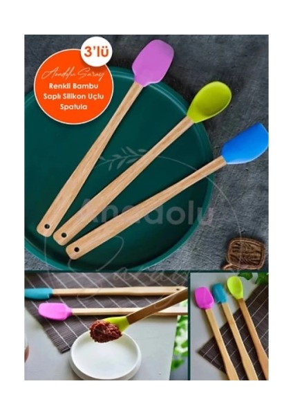 Silikon Uçlu Isıya Dayanıklı Bambu Spatula 3'lü Set