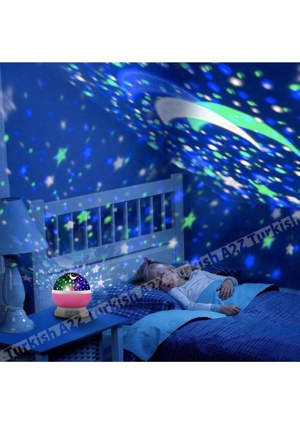Mavi Dönen Renkli Ay Yıldızlı Gökyüzü Yansıtmalı Projeksiyon Gece Lambası Çocuk Bebek Parti Odası ( Lisinya )