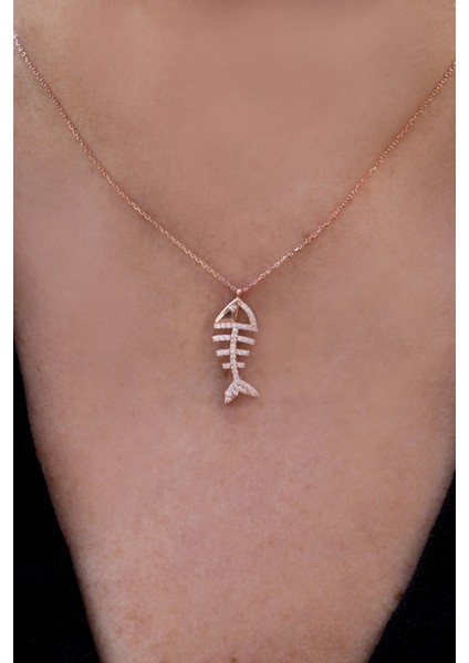 Zirkon Taşlı Balık Iskeleti Gümüş Kolye modelleri