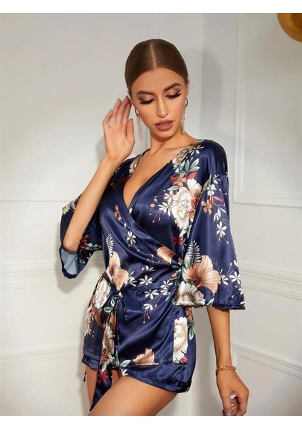 Arias Closet Çiçek Desenli Mavi Mini Saten Gecelik Sabahlık modelleri