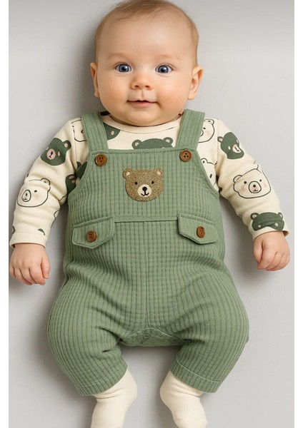 Erkek Bebek Takım Ayıcık Desenli Nakış Işlemeli Tulum-Zıbın-Çorap 3'lü Set %100 Pamuklu