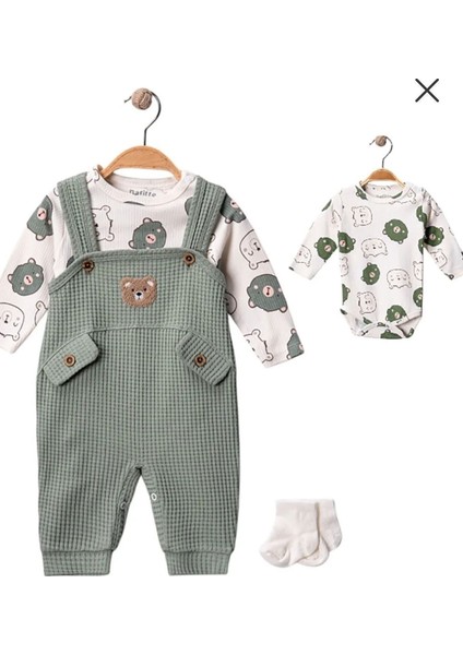 Erkek Bebek Takım Ayıcık Desenli Nakış Işlemeli Tulum-Zıbın-Çorap 3'lü Set %100 Pamuklu modelleri