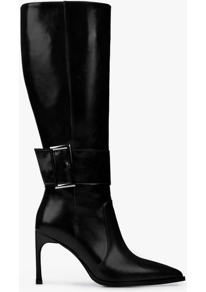 Kadın Emma Siyah Cilt Tokalı Topuklu Çizme