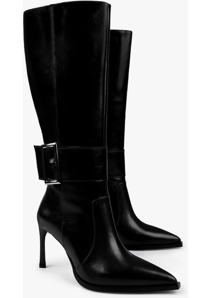 Kadın Emma Siyah Cilt Tokalı Topuklu Çizme fiyatları