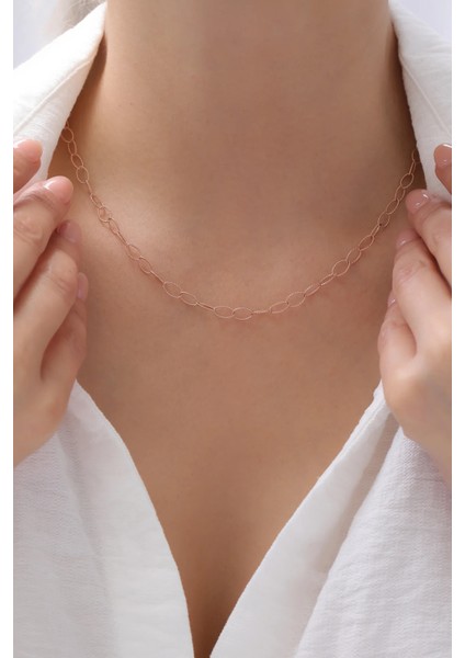 Minimal Oval Halka Detaylı Rose Kadın Gümüş Kolye