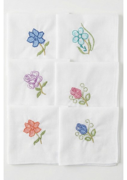 12 Adet, %100 Pamuk, 28X28 Cm, Nakış Işlemeli Kadın Mendili, Beyaz Mendil