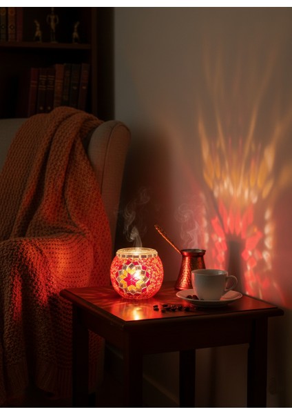 Mozaik Cam Mumluk – Dekoratif Led/mum Işığı – El Yapımı Mavi Mozaik Desenli Şık Süs Eşyası