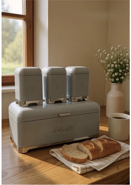 Gri Metal Ekmek ve Baharat Saklama Seti - Ekmeklik ve Baharatlık