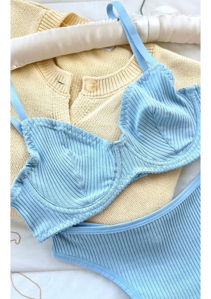 Kadın Mavi Penye Iç Çamaşır Takımı