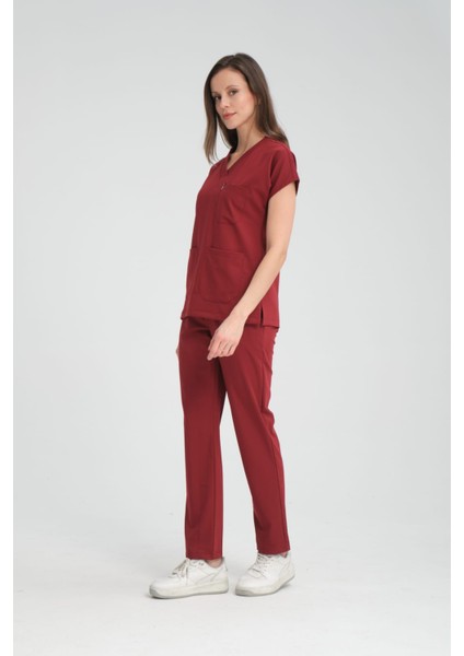 Üniforma V Yaka Bordo Likralı Ütü Istemeyen Unisex Doktor Hemşire Takım Scrubs