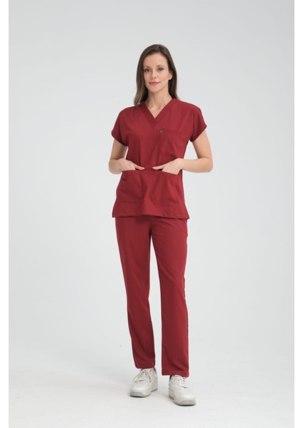 Üniforma V Yaka Bordo Likralı Ütü Istemeyen Unisex Doktor Hemşire Takım Scrubs fiyatları