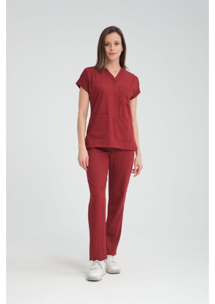Üniforma V Yaka Bordo Likralı Ütü Istemeyen Unisex Doktor Hemşire Takım Scrubs fırsatları