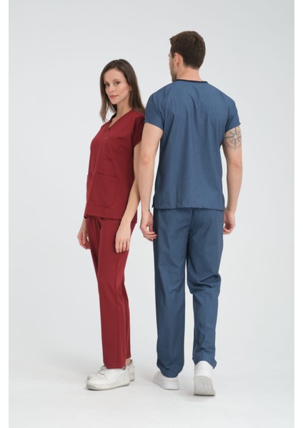 Üniforma V Yaka Bordo Likralı Ütü Istemeyen Unisex Doktor Hemşire Takım Scrubs
