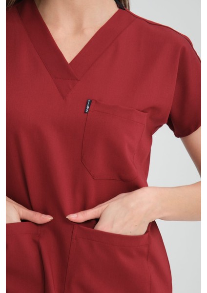 Üniforma V Yaka Bordo Likralı Ütü Istemeyen Unisex Doktor Hemşire Takım Scrubs