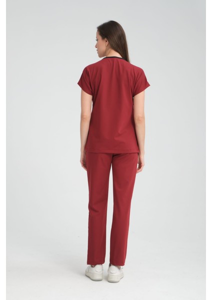 Üniforma V Yaka Bordo Likralı Ütü Istemeyen Unisex Doktor Hemşire Takım Scrubs