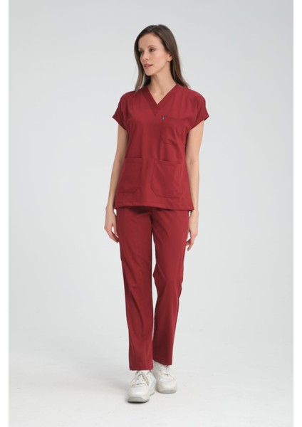 Üniforma V Yaka Bordo Likralı Ütü Istemeyen Unisex Doktor Hemşire Takım Scrubs