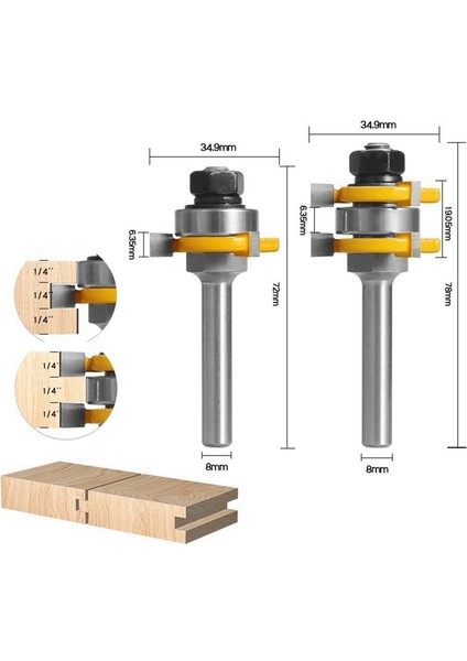 2 Adet 8 mm Ortak Montaj Freze Kesici Üç Kenar T-Tenon Kesici Yuvalı Tenon Kesici Tek Yatak (Yurt Dışından) fiyatları