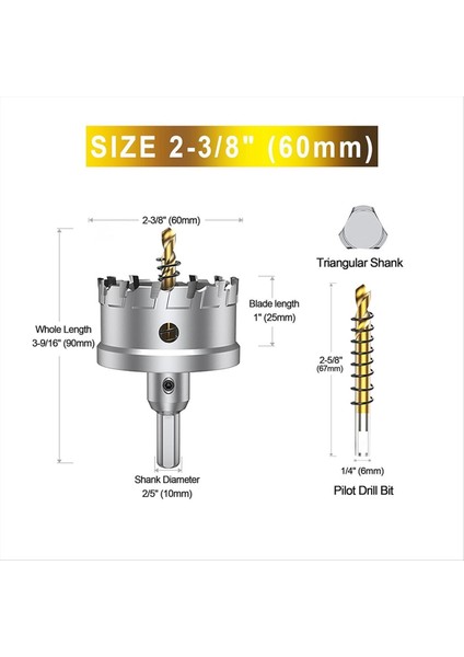 Hard Metal Için Delik Testere Seti 2-3/8 Inç Tungsten Karbür Uçlu Titanyum Kaplama Pilot Matkap Bit (Yurt Dışından) fiyatları