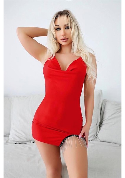 Arias Closet Bacak Kısmı Boncuk Detaylı Kırmızı Mini Fantezi Gecelik
