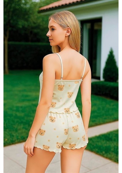 Arias Closet Pamuklu Ayıcık Desenli Yıldızlı Krem Ince Askılı Şortlu Pijama Takımı fiyatları