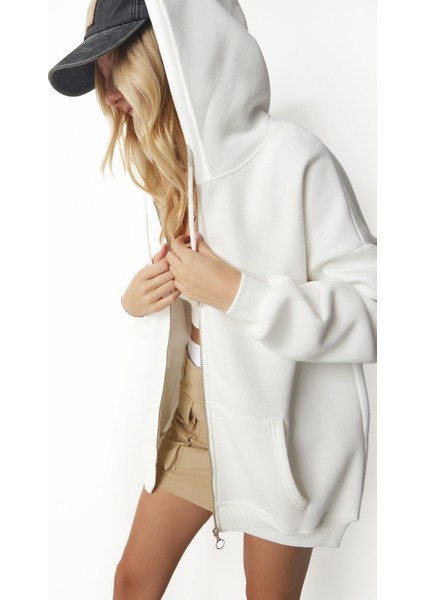 Kapüşonlu Fermuarlı Oversize Şardonlu Örme Sweatshirt LUB0002 Ekru modelleri