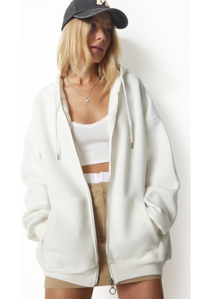 Kapüşonlu Fermuarlı Oversize Şardonlu Örme Sweatshirt LUB0002 Ekru fırsatları