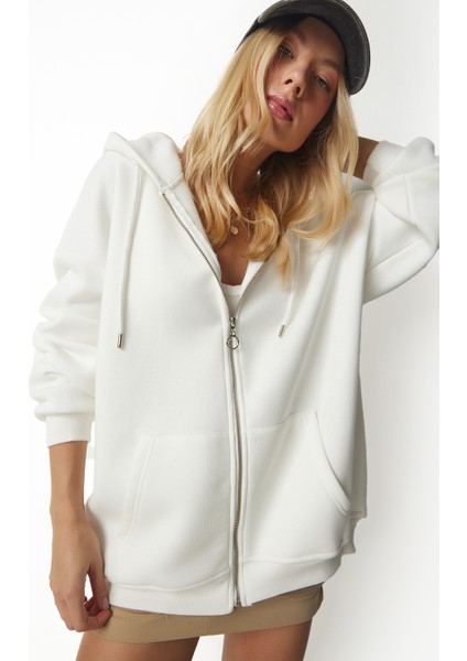 Kapüşonlu Fermuarlı Oversize Şardonlu Örme Sweatshirt LUB0002 Ekru indirimleri