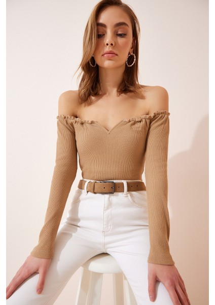 Büzgülü Yaka Crop Örme Bluz Gt LAH0002 Bisküvi fiyatları