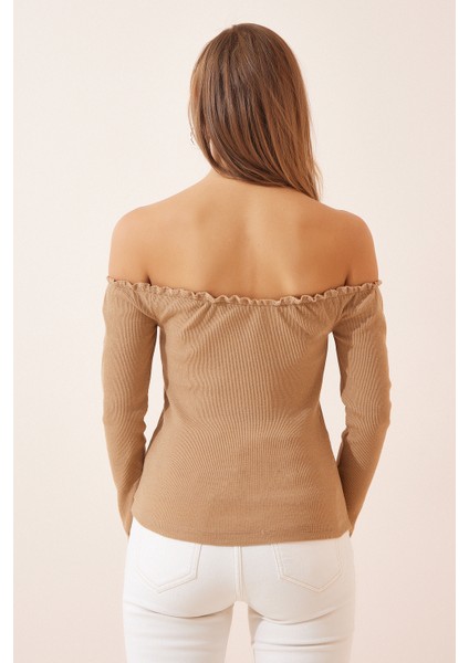 Büzgülü Yaka Crop Örme Bluz Gt LAH0002 Bisküvi modelleri