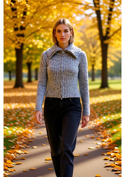 Kadın Sakal Iplik Fitilli Dokuma Fermuarlı Triko Hırka Uzun Kollu Devrik Yaka