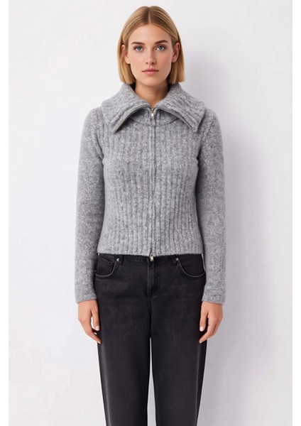 Kadın Sakal Iplik Fitilli Dokuma Fermuarlı Triko Hırka Uzun Kollu Devrik Yaka fırsatları