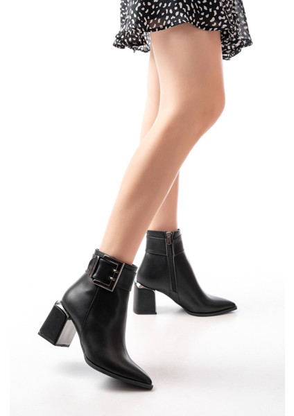 ZRİN-400 Premium Siyah Toka Aksesuarlı Topuklu Fermuarlı Kadın Bot