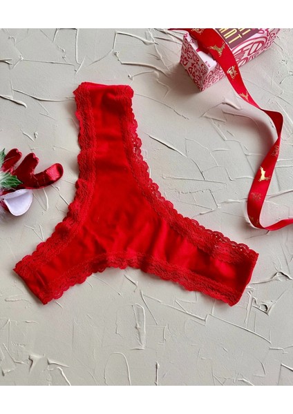 Dominant Kırmızı Dantelli Özel Yılbaşı Kutulu Gawzera Kadın Brezilian Külot