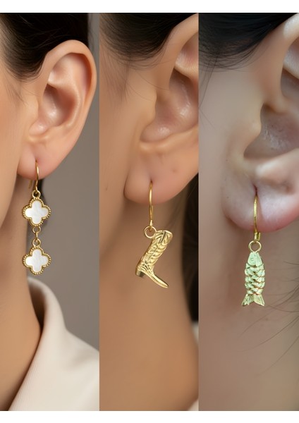 Kovboy Çizmesi Balık Beyaz Yonca Sembol Figürlü 3’lü Kadın Küpe Set