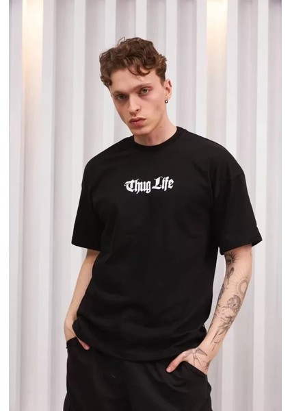 Unisex Bisiklet Yaka Baskılı Oversize T-Shirt - Siyah