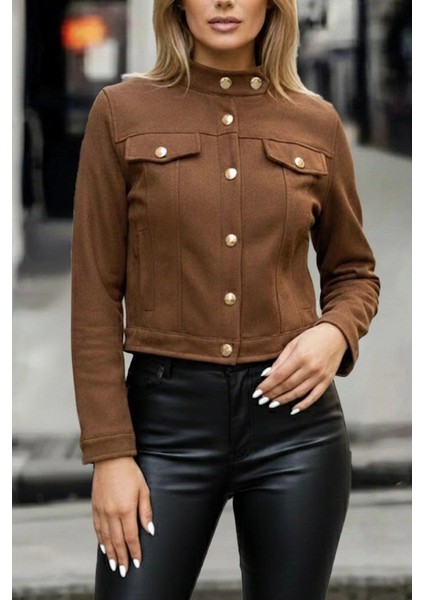 Mdb Kadın Uzun Kollu Yakadan ve Önden Düğmeli Süet Kısa Ceket