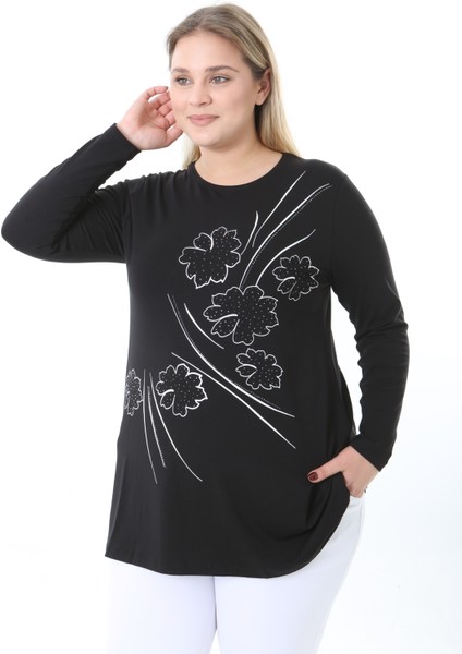 Kadın Büyük Beden Desenli Taş Baskılı Tunik