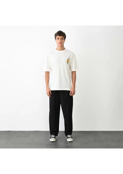 Unisex Bisiklet Yaka Baskılı Oversize T-Shirt - Beyaz fiyatları