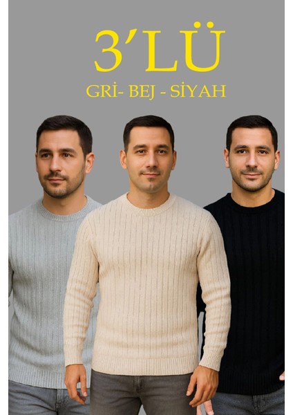 Erkek Fitilli Triko Kazak 3lü Set Bej Gri Siyah Regular Fit Bisiklet Yaka Triko Seti Kazak Modeli