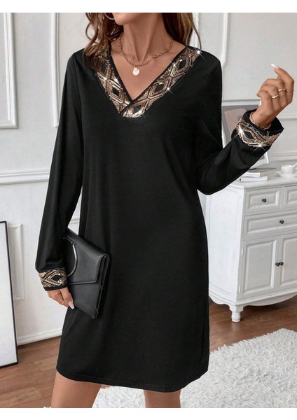 Kadın Uzun Kollu V Yakalı Pulpayet Detaylı Mini Ithal Krep Elbise modelleri