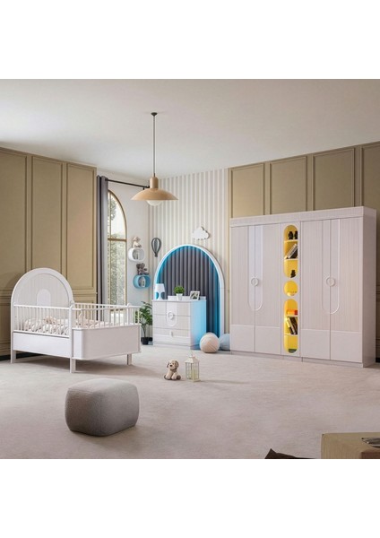Venüs Çocuk Odası Takımı, Venüs Büyüyen Beşik, Vira 4 Kapaklı Kitaplıklı Dolap, Şifonyer - Beyaz