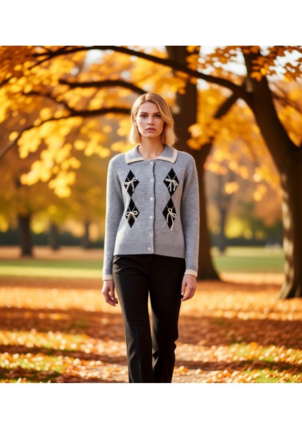 Genç Kız Baklava Desenli Kurdele Detaylı Polo Yaka Triko Hırka Rahat Kesim Şık Tasarım Spor