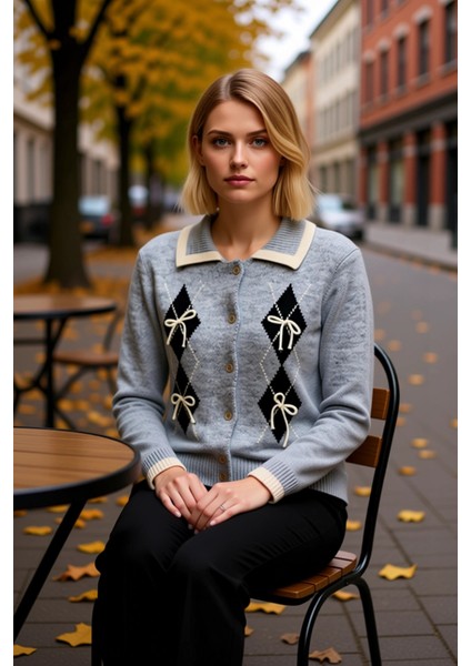 Genç Kız Baklava Desenli Kurdele Detaylı Polo Yaka Triko Hırka Rahat Kesim Şık Tasarım Spor fiyatları