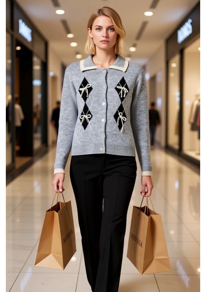 Genç Kız Baklava Desenli Kurdele Detaylı Polo Yaka Triko Hırka Rahat Kesim Şık Tasarım Spor modelleri