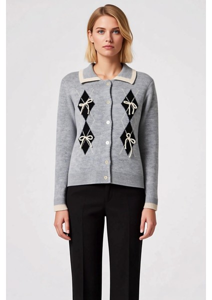 Genç Kız Baklava Desenli Kurdele Detaylı Polo Yaka Triko Hırka Rahat Kesim Şık Tasarım Spor fırsatları