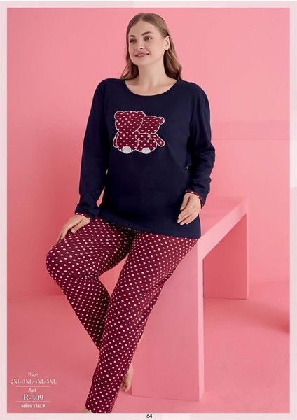 Arias Closet Büyük Beden Pamuklu Ayıcık Desenli Pijama Takımı