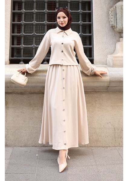 Gömlek Yaka Tesettür Tunik Etek Ikili Takım 0223-01 Bej
