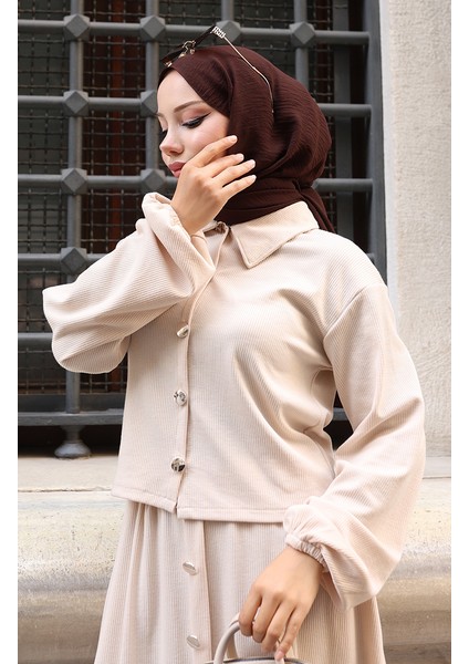 Gömlek Yaka Tesettür Tunik Etek Ikili Takım 0223-01 Bej fırsatları