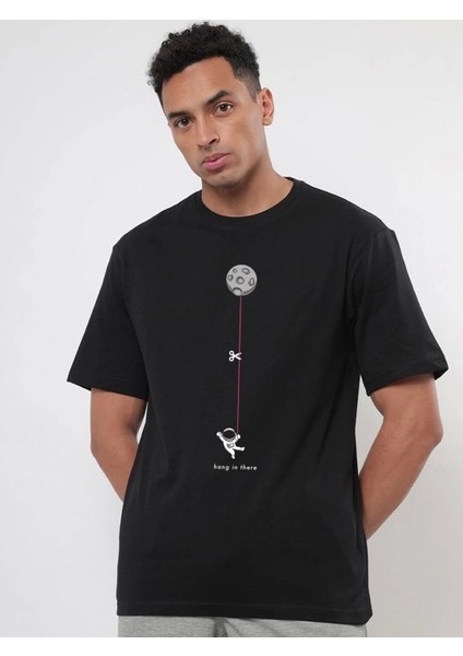 Erkek Baskılı Oversize T-Shirt - Siyah