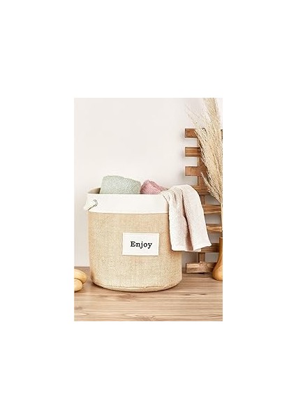 Serstil Krem Şeritli Silindir Jüt Sepet – Büyük